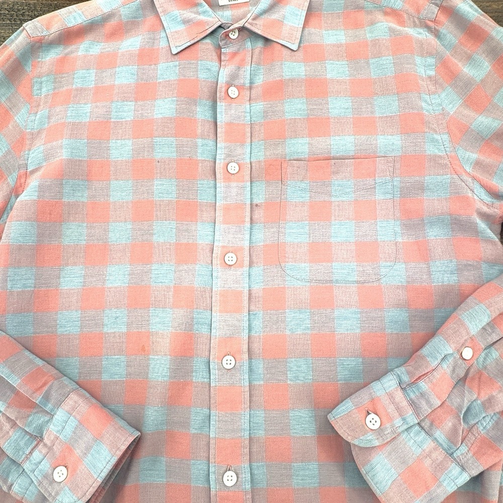 Faherty Stretch Summer Blend Men's Med Long Sleeve Linen Shirt Pink Blue Plaid - Picture 8 of 11